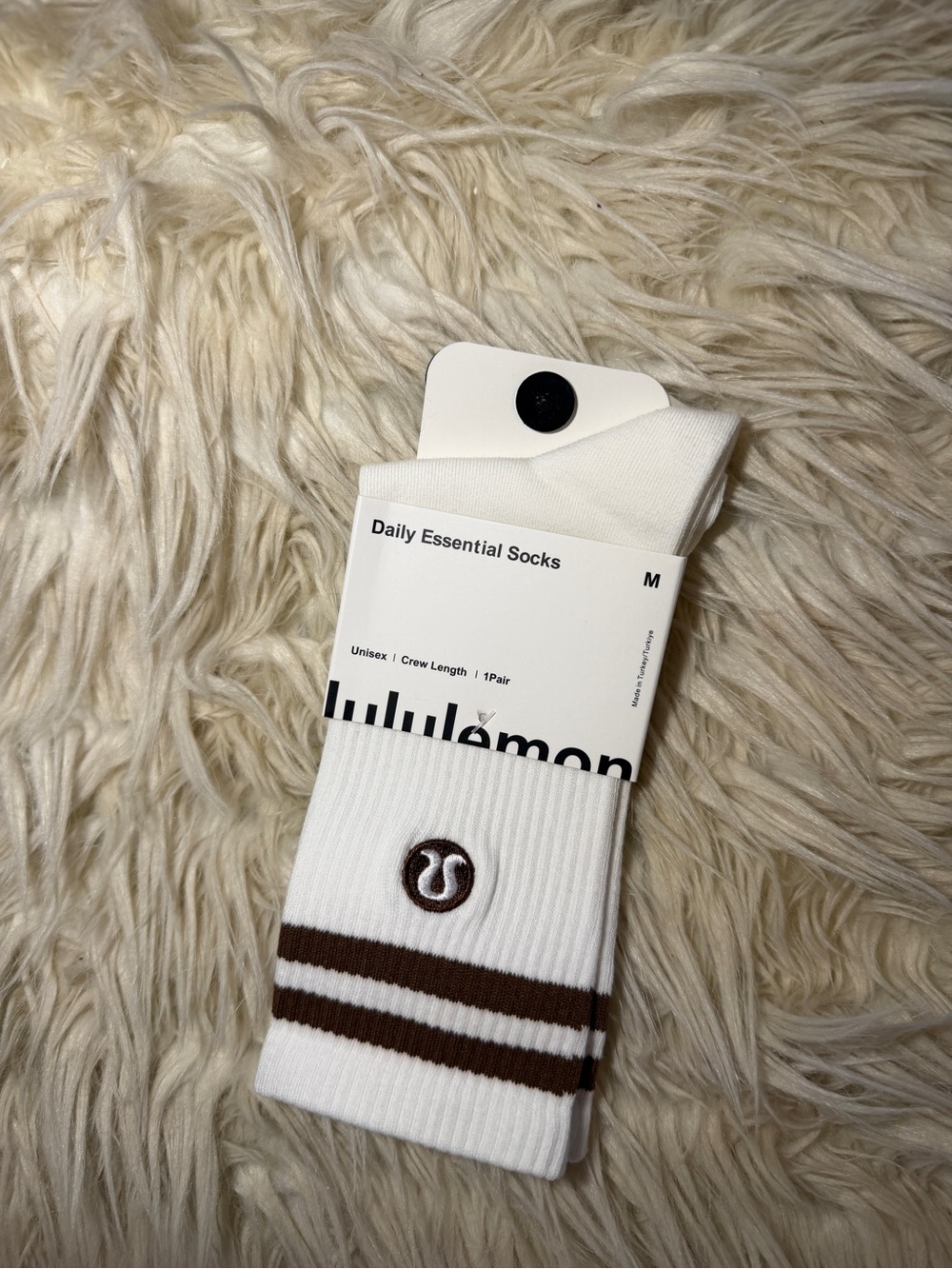 Lululemon Daily Essential Socks White Crew Brown Stripe Logo Size M NWT